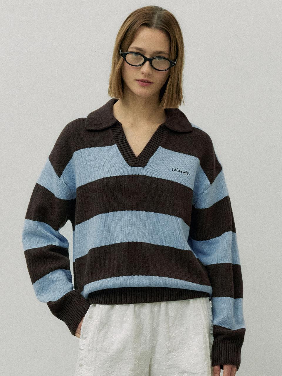 WOOL BLENDED COLLAR STRIPE BOARDER KNIT BR+BL