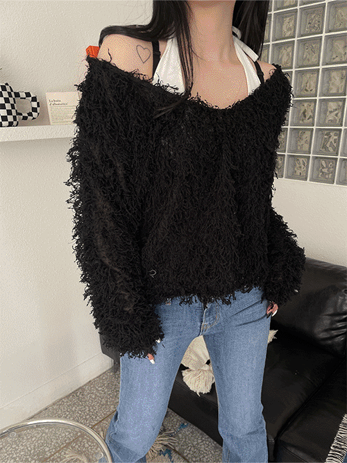 Cream Hair Deep V Knitwear T (2col)