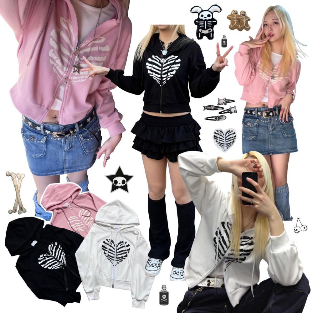 Skull heart two-way hood zip-up (3color)