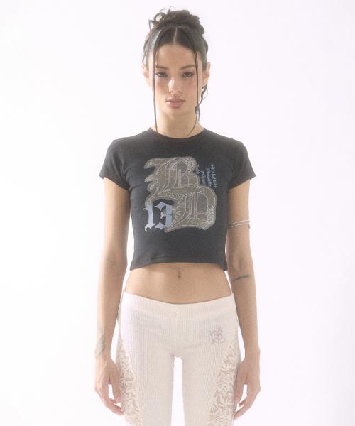 Old English Printing Crop Top Black