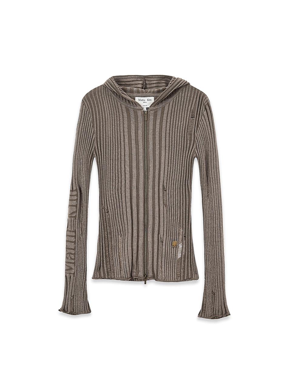 LOGO POINT DAMAGE SLIM HOODY CARDIGAN IN KHAKI BROWN