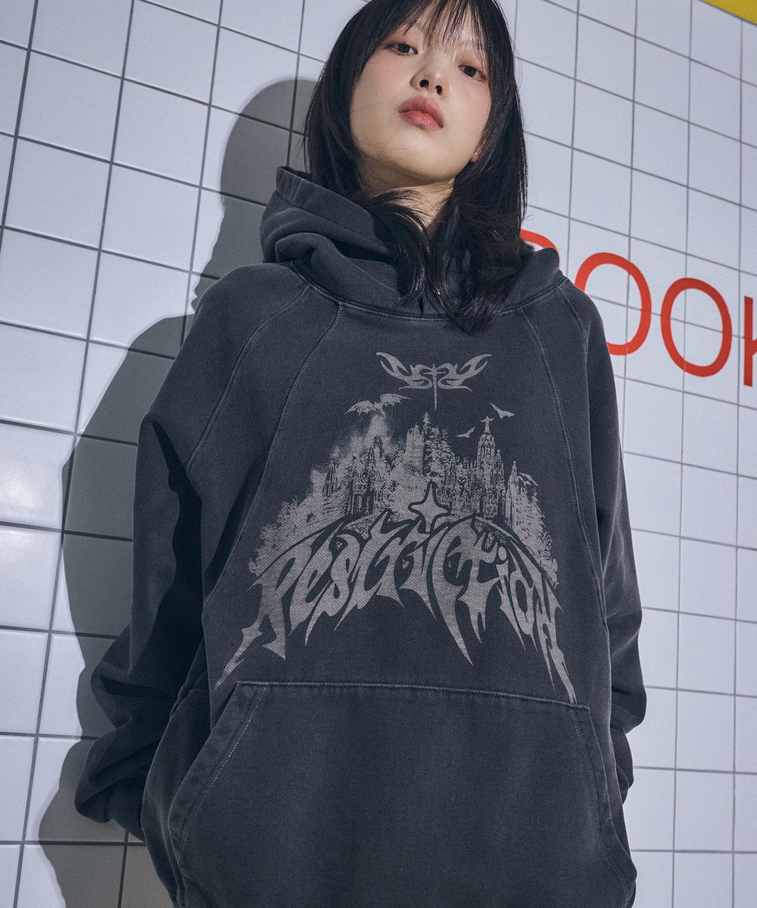 리스트릭션 피그먼트 스냅 후드티 스모크블랙