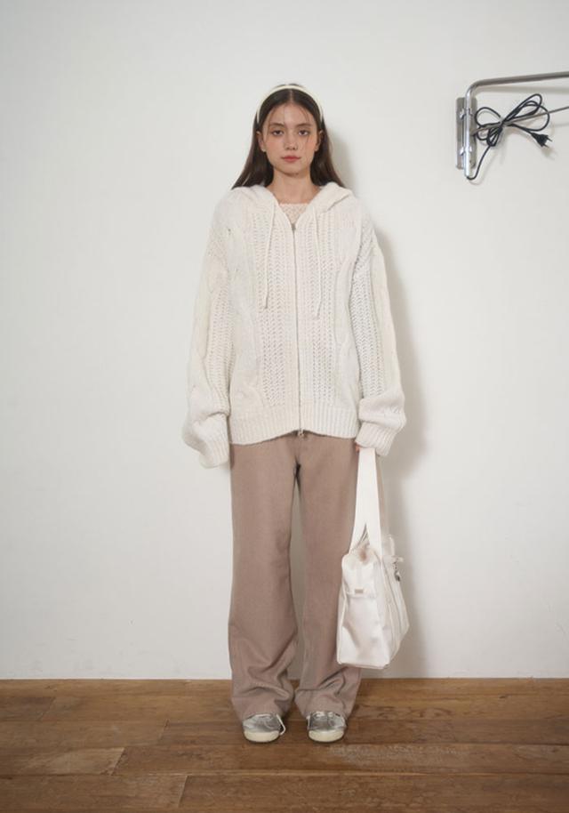 CABLE KNIT HOOD ZIP-UP-CREAM