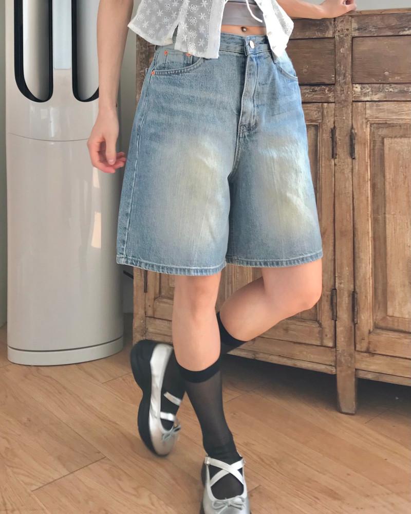 Nizi pants 니지 팬츠 반바지 워싱 4부 하프 데님 와이드 버뮤다