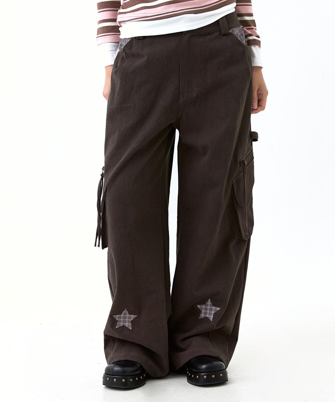스타 체크 배색 스터드 카고팬츠 브라운