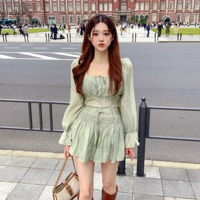 [MADE💚요정핏] 청순 여신 요루 스퀘어 퍼프 쉬폰 셔링 스트링 리본 시스루 블라우스 + 잔주름 스모크 밴딩 캉캉 플레어 치마 바지 세트 투피스 원피스 셋업 민트 크림