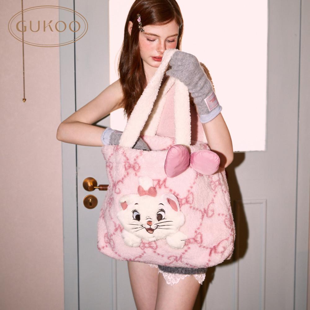 Gukoo 구쿠 귀여운 디즈니 고양이 마리 캐릭터 겨울 극세사 대용량 왕리본 숄더백