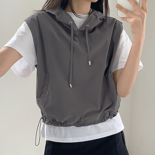 [여름레이어드/바스락] 스트릿 무드, 가볍고 시원한 스트링 나일론 크롭 후드 조끼 베스트 2color]나일론후드조끼