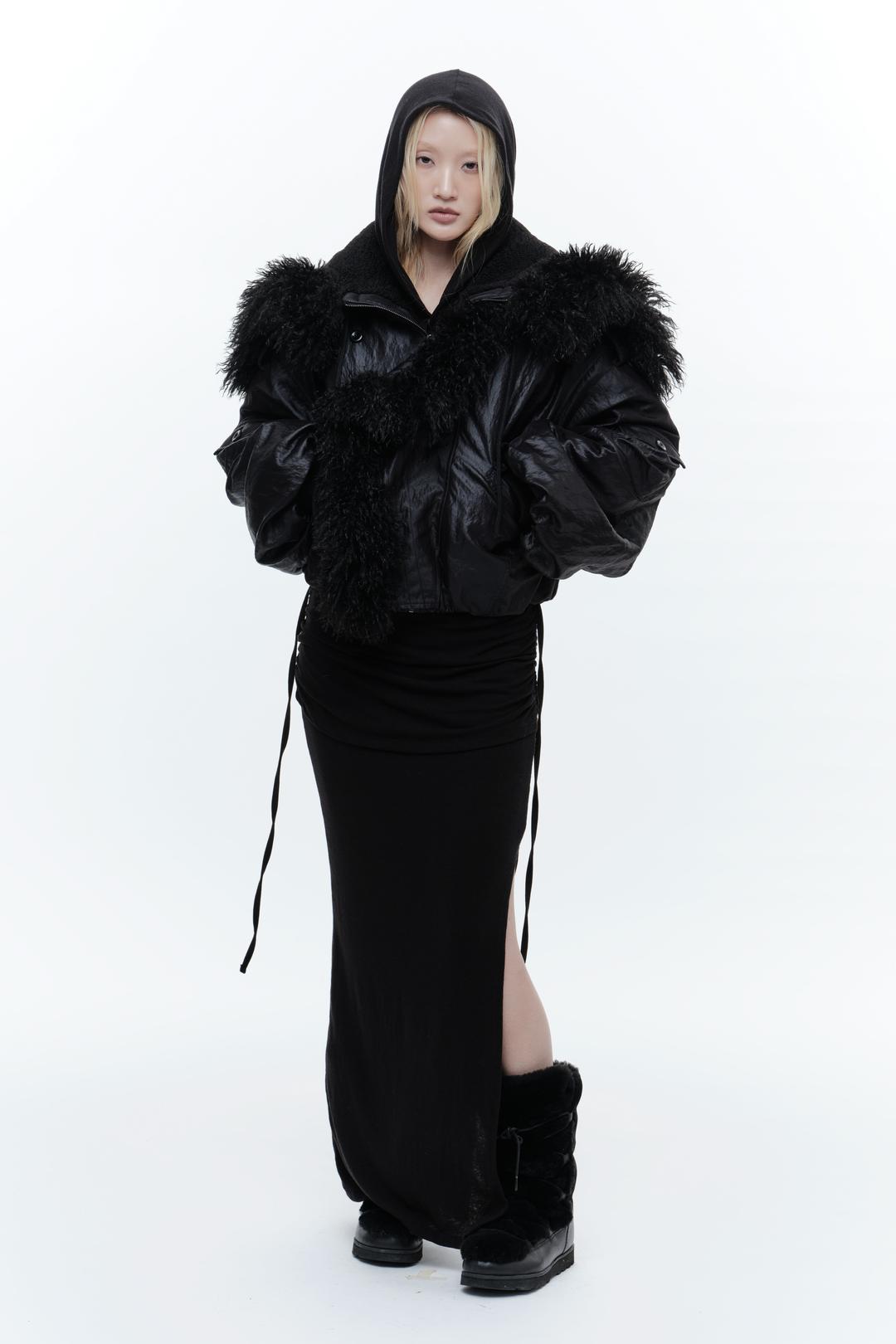 HOODED SHEARLING BOMBER JACKET BLACK