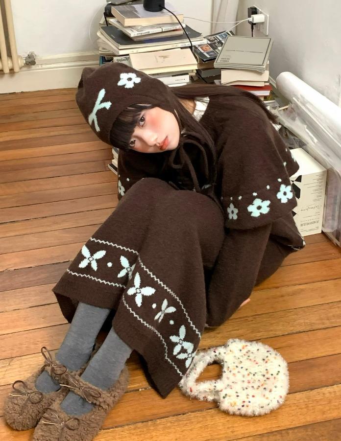 Hey Shan 스웨터 케이프 가디건/미디 스커트 (브라운)