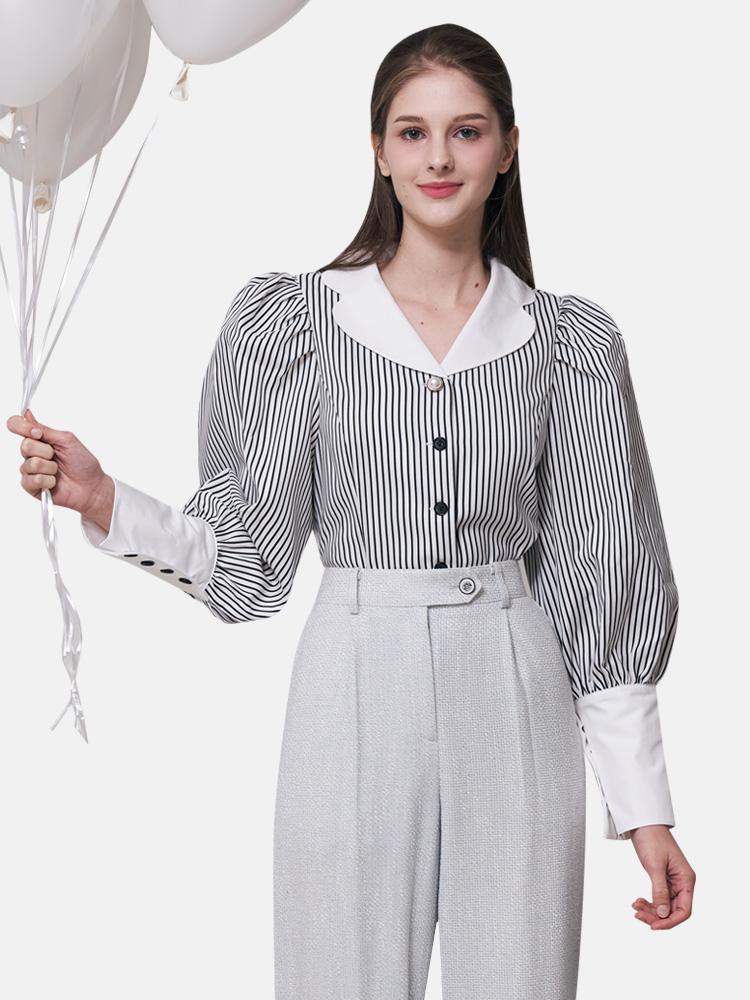 스트라이프 소매 퍼프블라우스