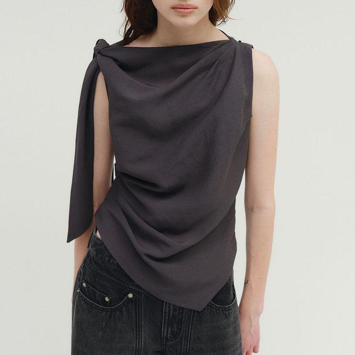 LINEN DRAPING TIED BLOUSE [DARK GREY]