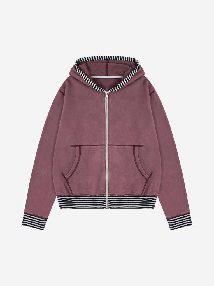 STRIPE POINT WASHING HOODIE ZIPUP (BURGUNDY)