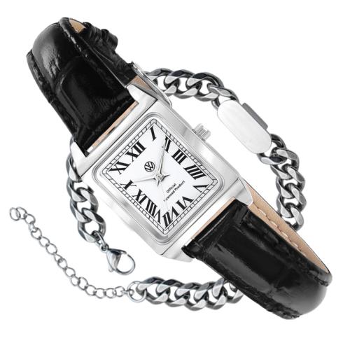 레트로 스퀘어 시그널 로마자 여성 가죽 손목시계+티타늄 팔찌 세트