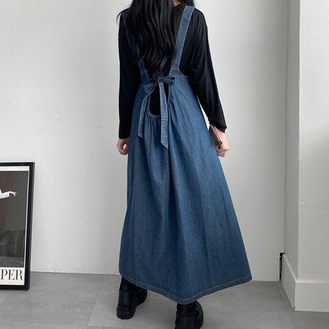 [러블리/뒷리본!]데님 멜빵 뷔스티에 뒷리본 롱 원피스