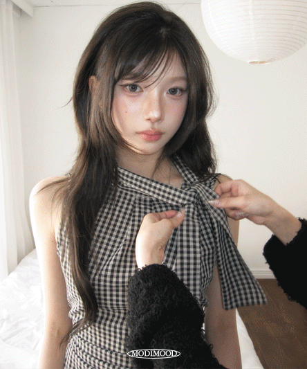 [잘록핏🖤/사선셔링] 하이 리본 체크 셔링 블라우스