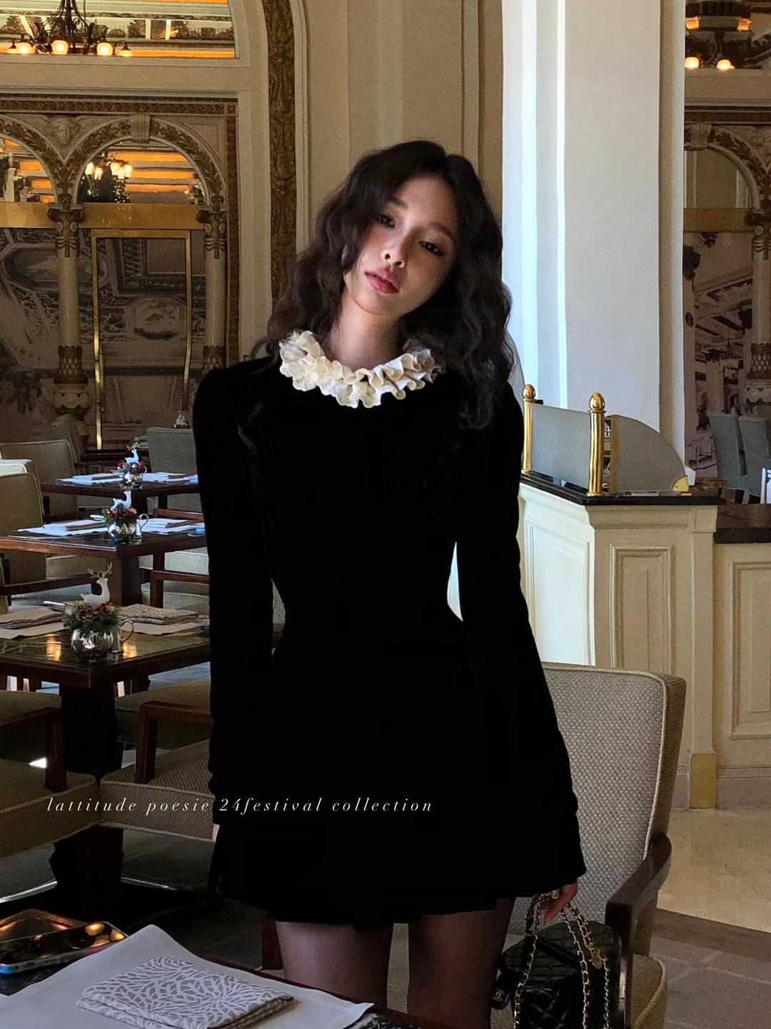 아니스 [수입] 디온 벨벳 레이스 카라 프렌치 블랙 원피스