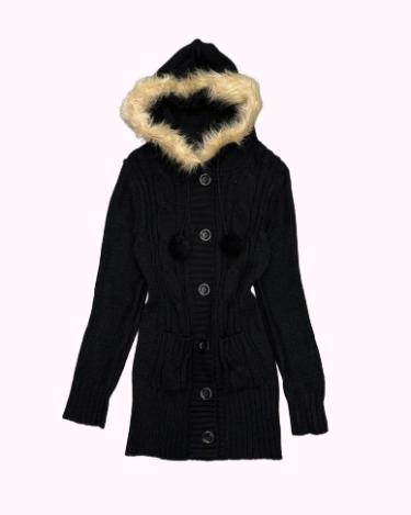 fur hood pompom knit cardigan