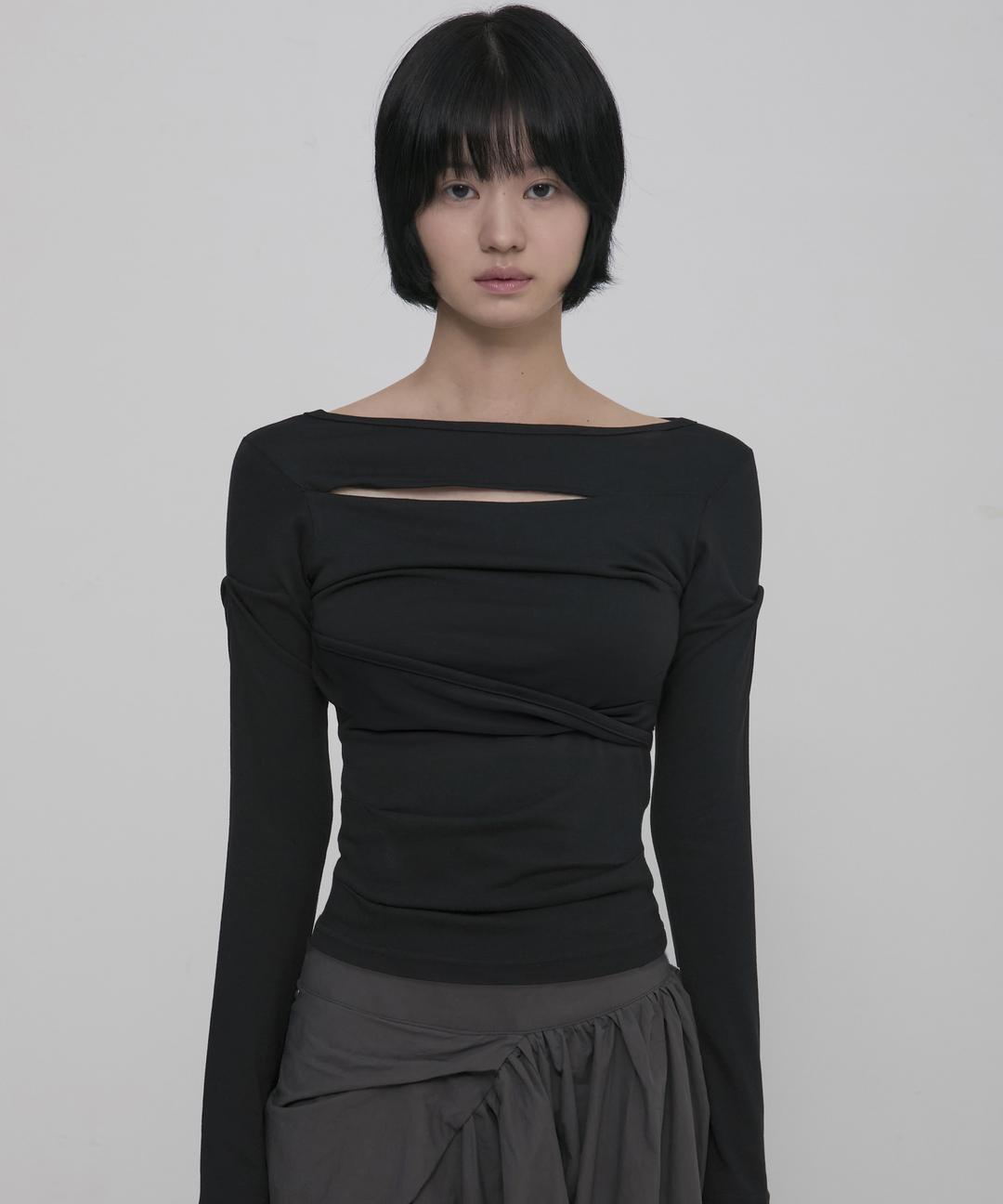Asymmetrical Draped Long Sleeve (FL-195_Black)