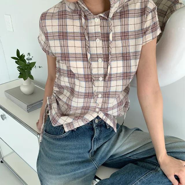 [3colors] 미닛 체크 사이드 셔링 후드 레이더드 티셔츠