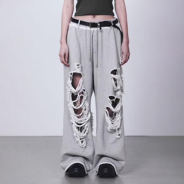Scratch Damage Wide Sweat Pants [ Melange Gray ]
