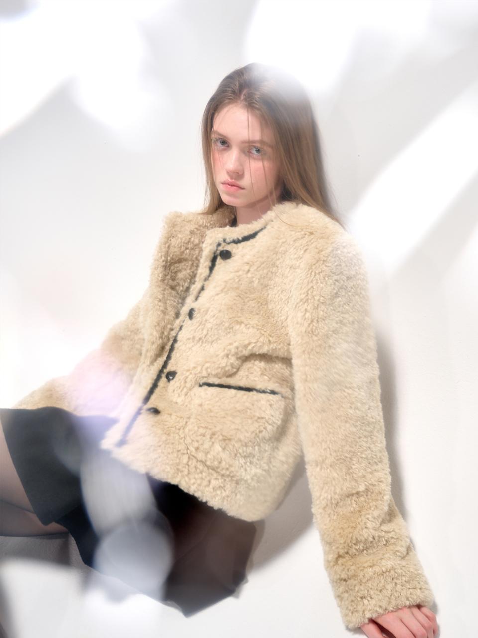 Round Trimmed Fur Coat, Beige