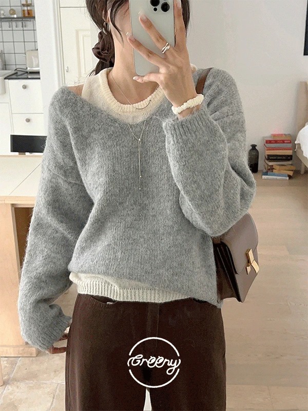 울🐑니트세트) 더블더블 레이어링 라운드넥 나시 브이넥 긴팔 니트 세트 (3 colors)