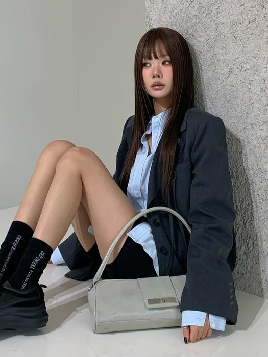 Square Flap Leather Shoulder Bag [ Light Gray ]