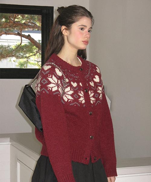Heart Alpaca Nordic Cardigan - Burgundy