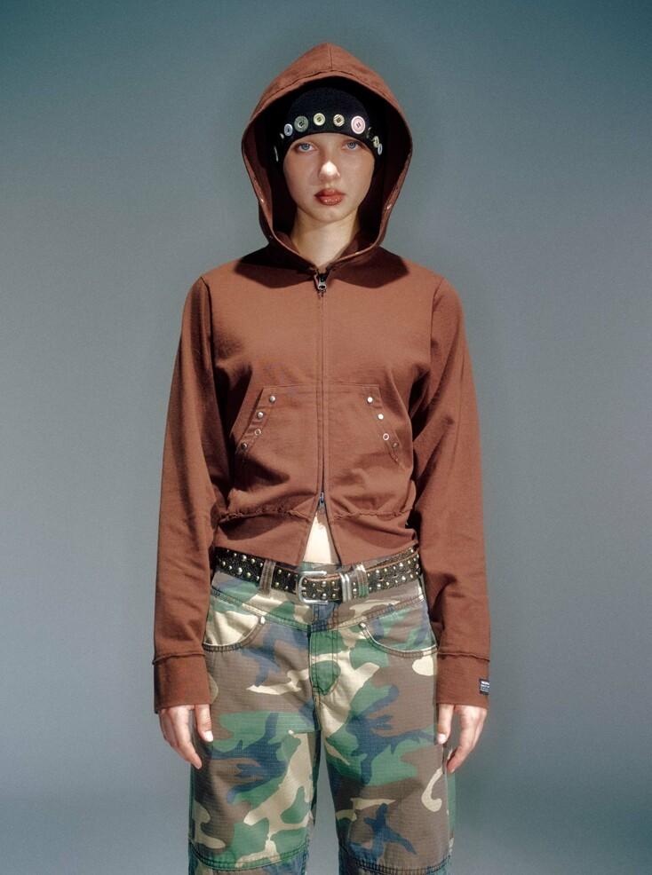 WOMEN CAPPY STUD HOODIE ZIP-UP BROWN