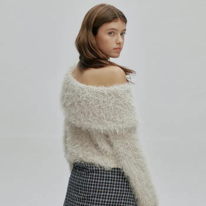 SOFT HAIRY ONE SHOULDER KNIT TOP V2 (BEIGE)