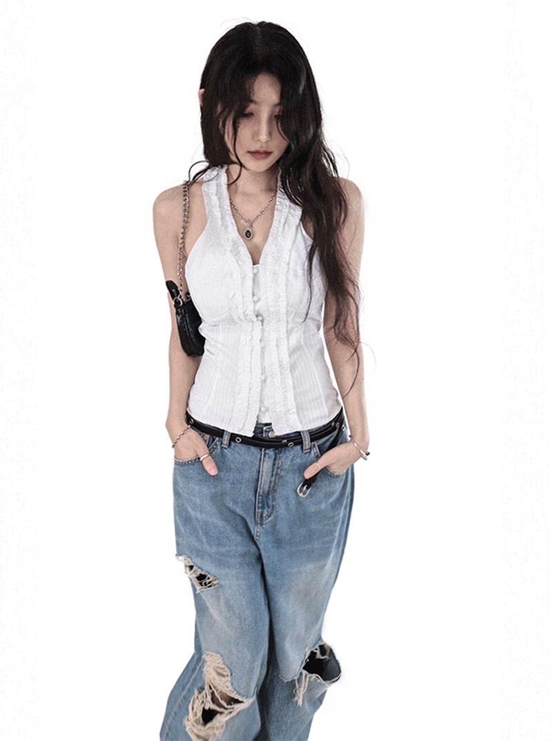THE HEN HALTER-NECK FRILL BACKLESS SMOKE BLOUSE  TOP 더핸 홀터넥 프릴 백리스 스모크 블라우스탑