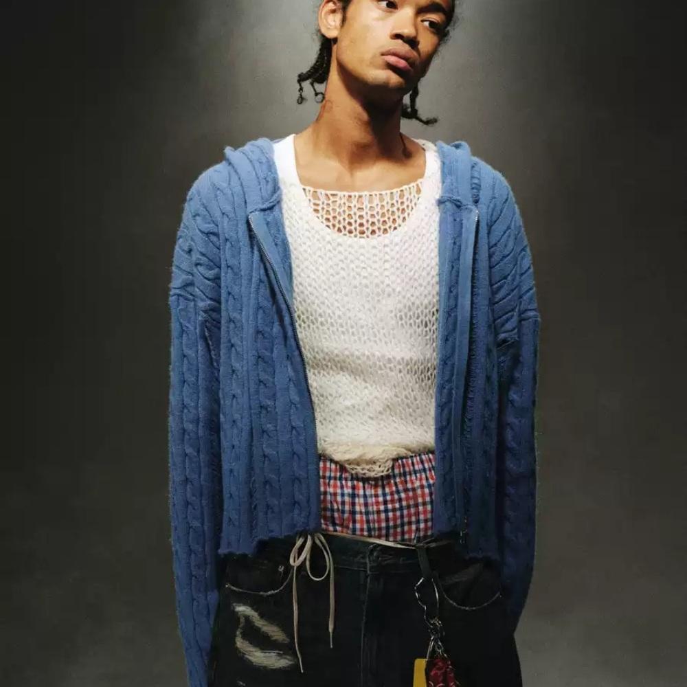 TREclub 블루 양모 니트가디건 크롭 후드 집업 울 가디건