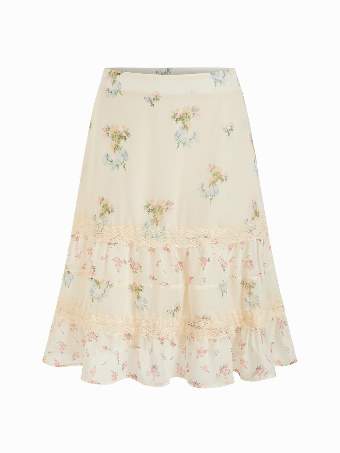 Chiffon Ditsy Floral Low Rise Tiered Lace Trim Midi Skirt