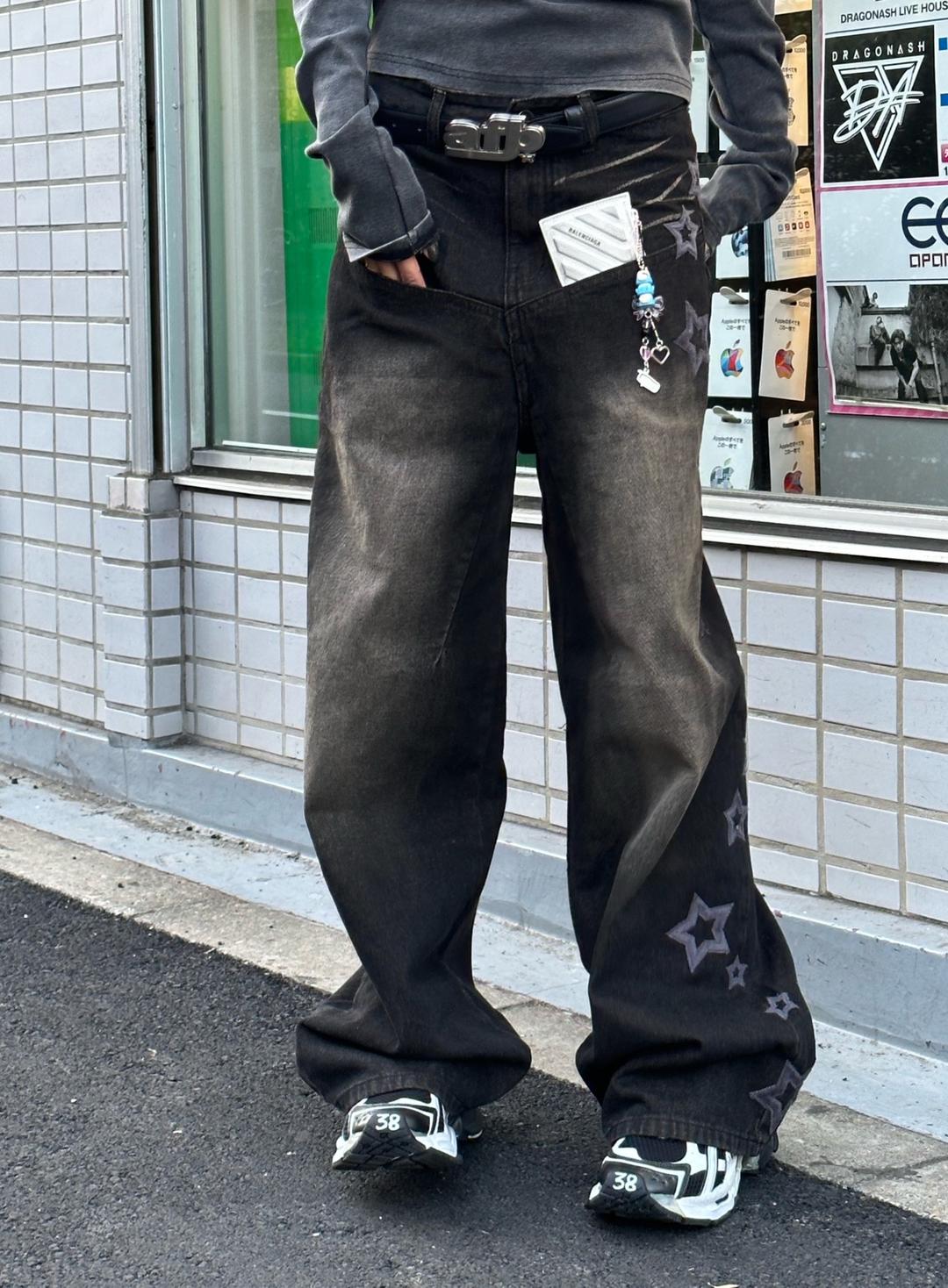 Black Vintage Washed Five-pointed star Denim Pants