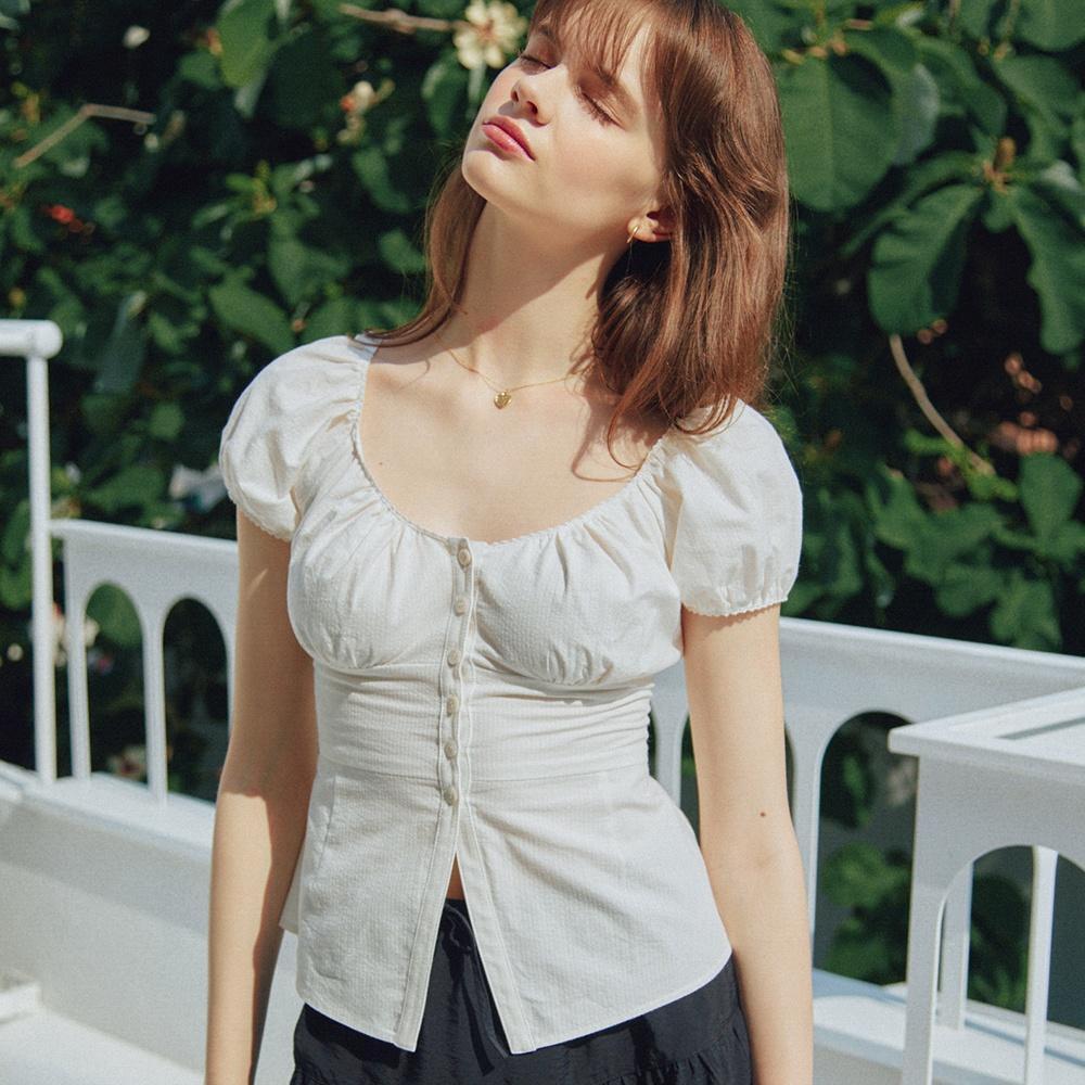 SCOOP NECK SHIRRING BLOUSE_IVORY