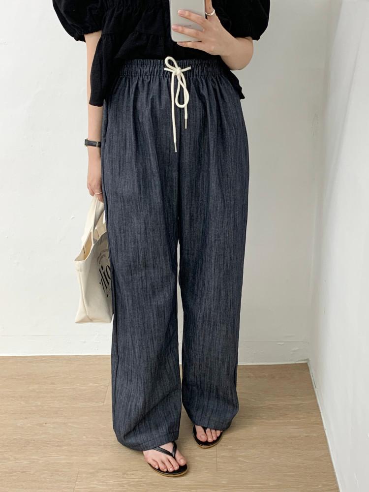 이염X 논페이드 린넨 데님 와이드 밴딩 팬츠 ~88 (진청, 흑청)
