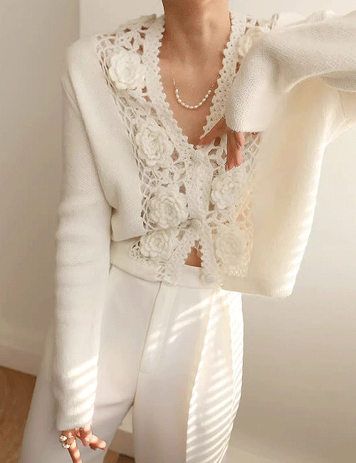 디에 장미 뜨개 크로셰 가디건