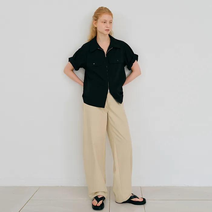 Curved Cotton Pants (Light Beige)