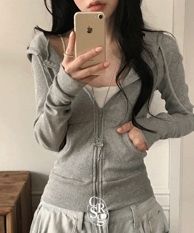 [말라핏/간절기필수템] 번트 슬림 골지 긴팔 후드집업