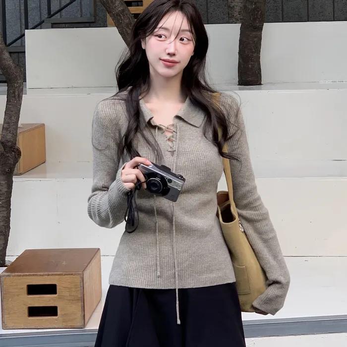 [연우 착용] comos 1584 lace-up collar ribbed knit (cocoa)