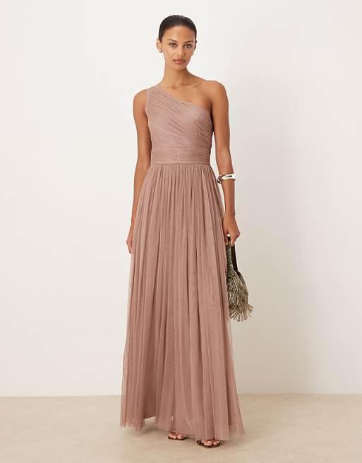 Lace & Beads Bridesmaid tulle one shoulder maxi dress in taupe
