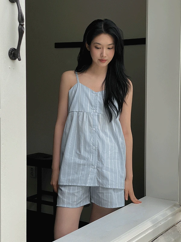 [☁코튼] J'eu 앤드 스트라이프 슬리브리스 파자마 잠옷 세트 2color