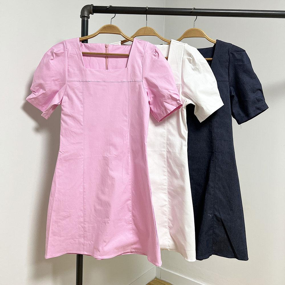 3color 딜라 스퀘어넥 반팔 퍼프 미니 원피스