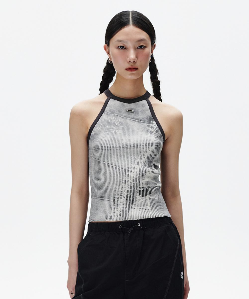 DENIM PRINTED HALTER KNIT[GREY]