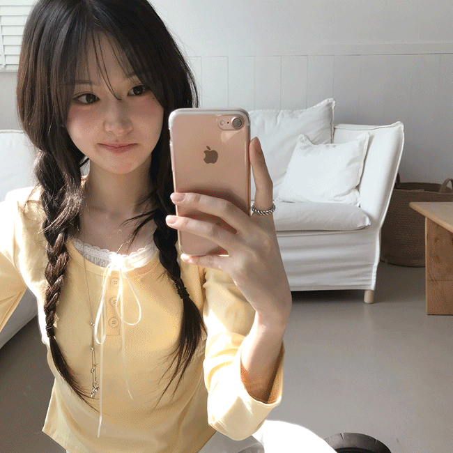 [일체형💘/레이어드] 반버튼레이스셔링U넥긴팔티 (4color)