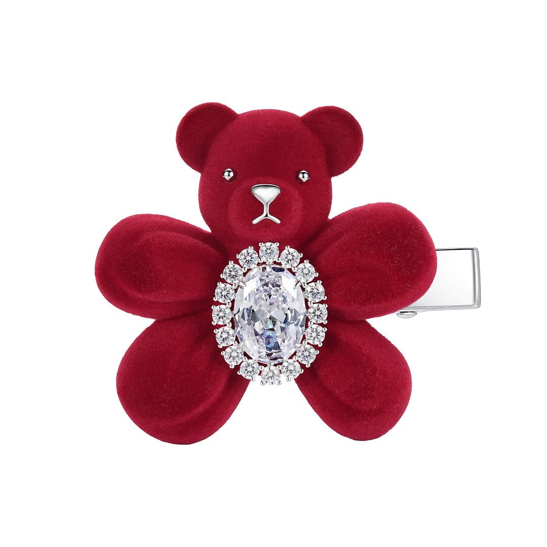 Paradise / Flocked Bear Gemstone Flower Hair Clip - Beige ( Pre Order ) / Large / Left
