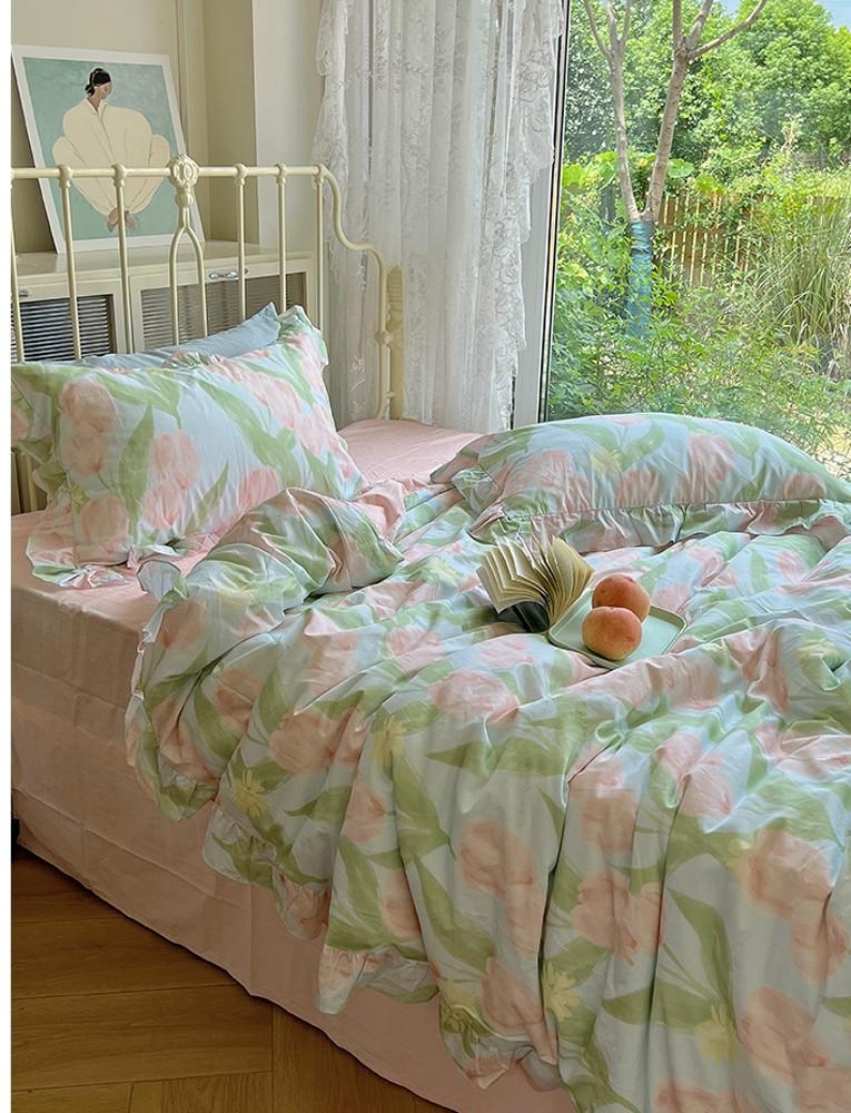 페르지아 유화 튤립 이불커버 부드러운 침구커버세트 봄 여름 베개 싱글 슈퍼싱글 퀸 킹