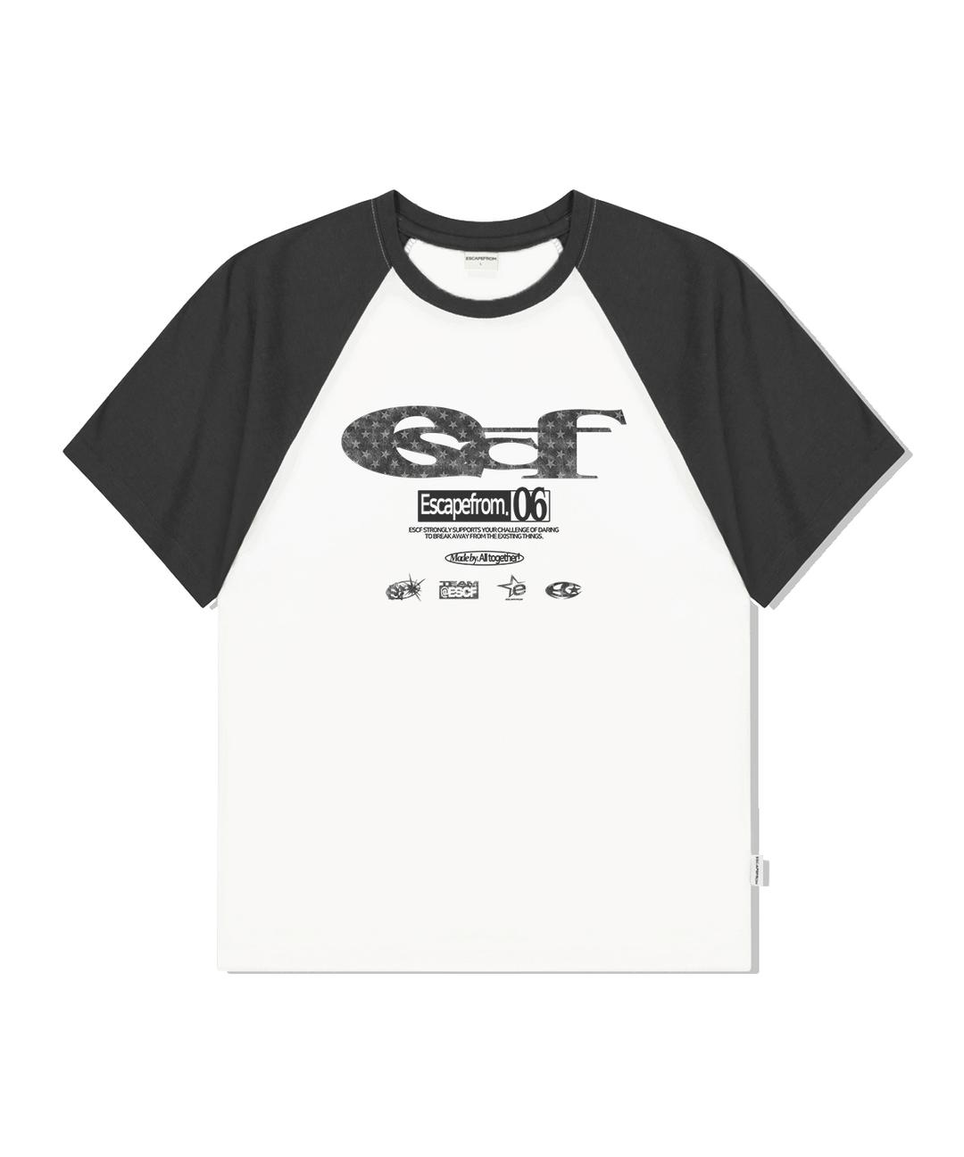 이스케이프프롬 별 데님 ESCF 로고 콜라주 프린트 래글런 배색 반팔티 차콜