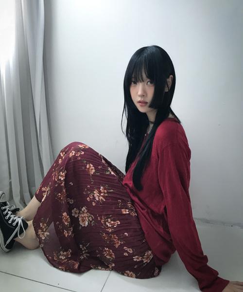 (Vintage)Burgundy Flower Chiffon Skirt